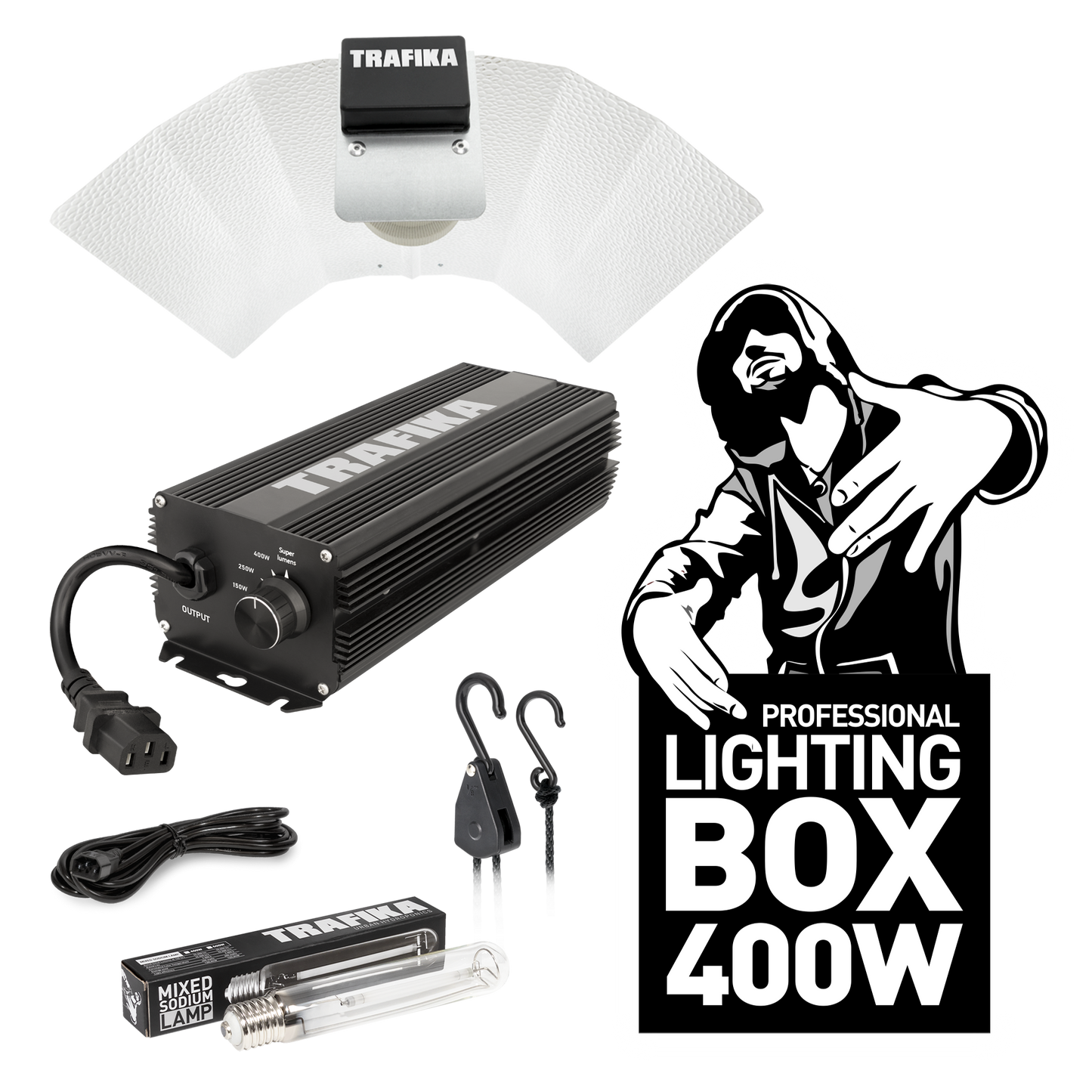 TRAFIKA KIT D'ÉCLAIRAGE 400W | Ballast numérique 400W + Réflecteur + Lampe à sodium + Poulies