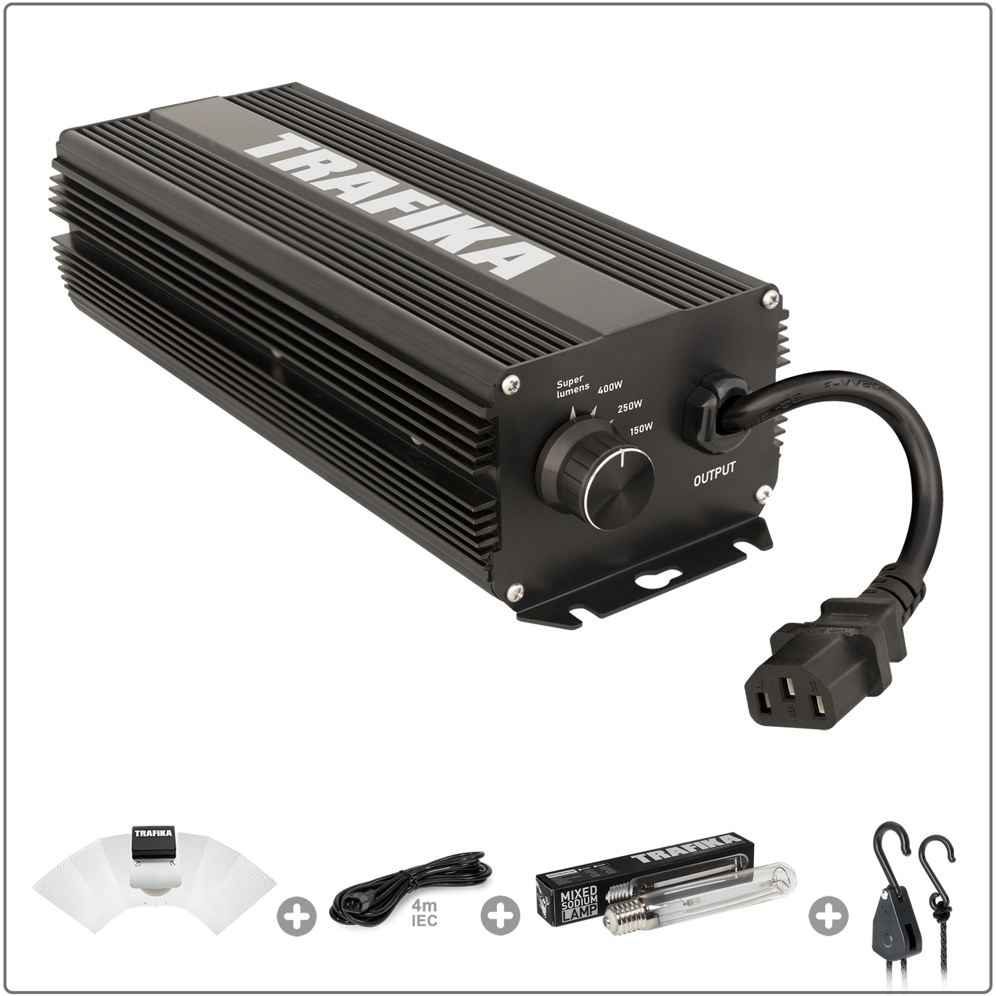 TRAFIKA KIT D'ÉCLAIRAGE 400W | Ballast numérique 400W + Réflecteur + Lampe à sodium + Poulies